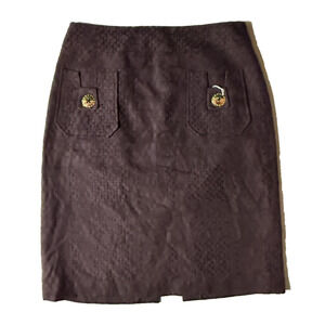 Milly‎ Skirt Womens 6 Chocolate Brown Textured Jacquard Gold Button Career